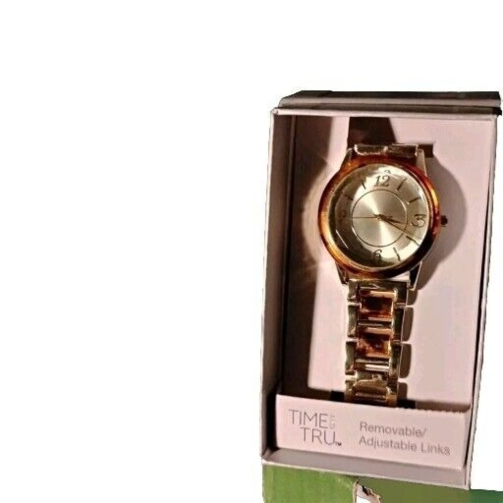 Time & Tru Watch Mens Womens Unisex Analog Adjst./Remove. Links Amber Brown Gold